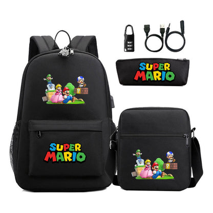 Super Mario Usb Password Lock Youth Student Backpack 3-piece Set For Men And Women Backpacks