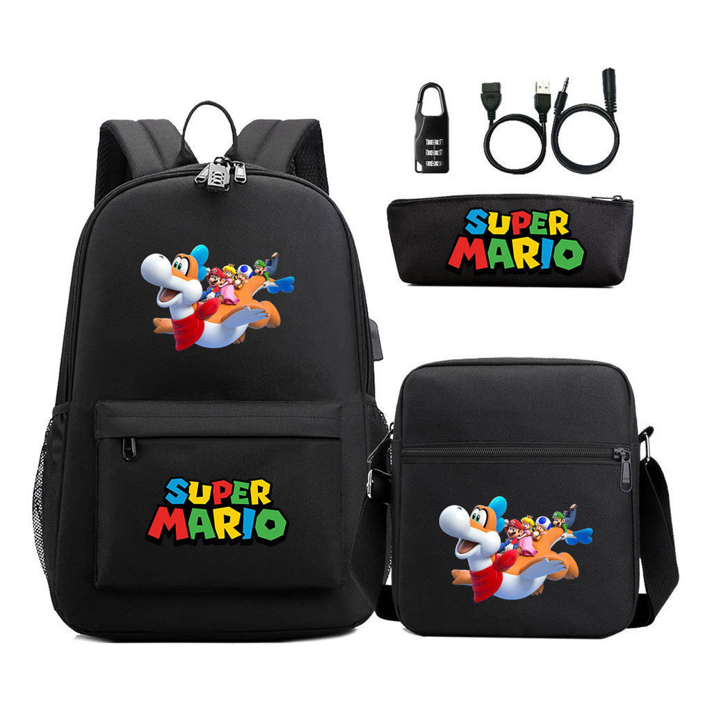 Super Mario Usb Password Lock Youth Student Backpack 3-piece Set For Men And Women Backpacks