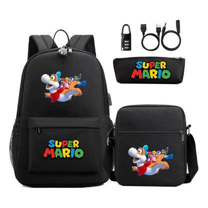Super Mario Usb Password Lock Youth Student Backpack 3-piece Set For Men And Women Backpacks