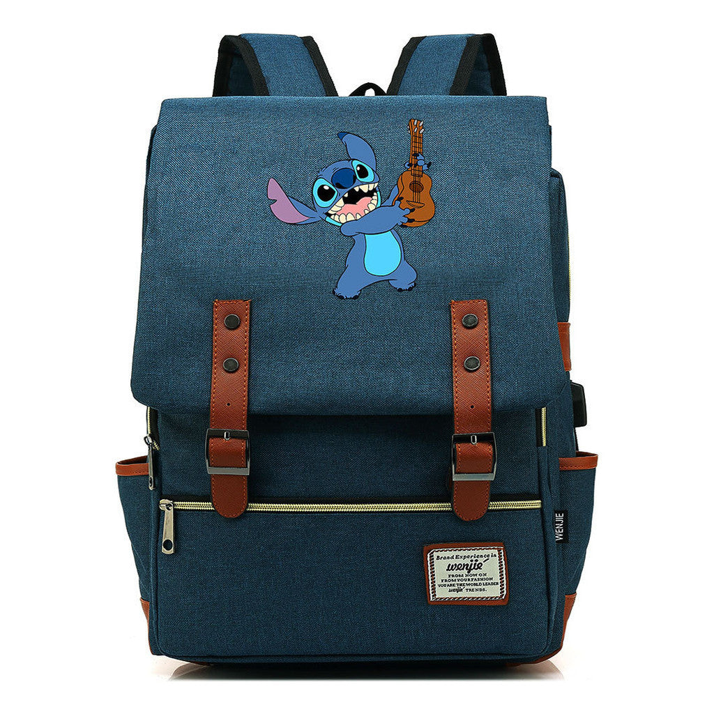 Anime Star Baby Stitch Printed Youth Student Backpack Usb Casual Backpack
