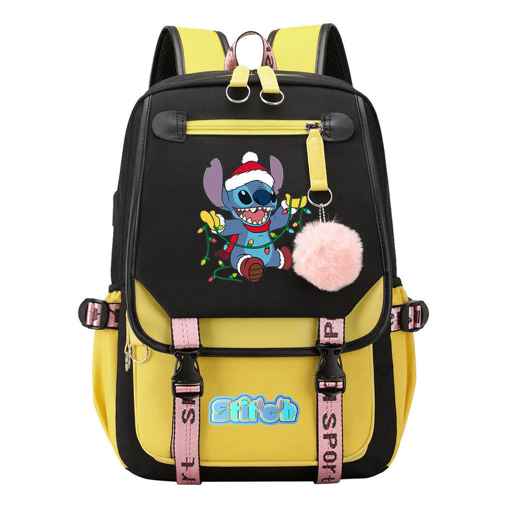 Interstellar Baby Stitch Usb Student Backpack With Casual Woven Strap Flap Backpack