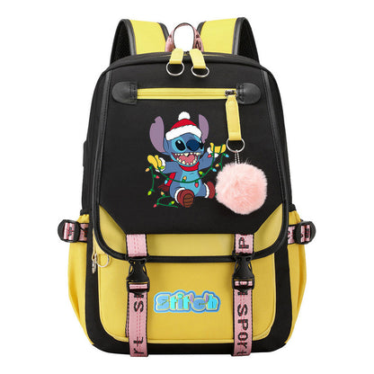 Interstellar Baby Stitch Usb Student Backpack With Casual Woven Strap Flap Backpack