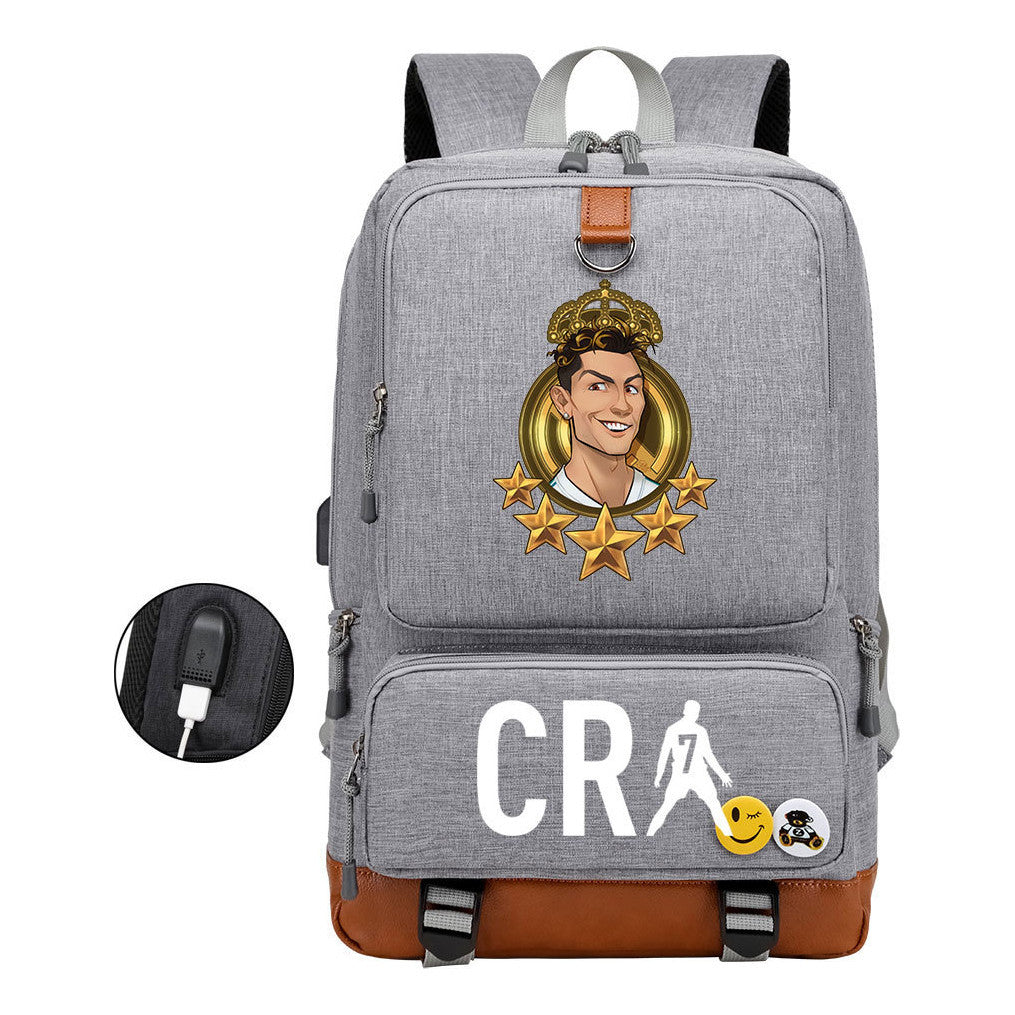 Football Star Cristiano Ronaldo Printed Usb Youth Student Backpack For Leisure Travel Backpack