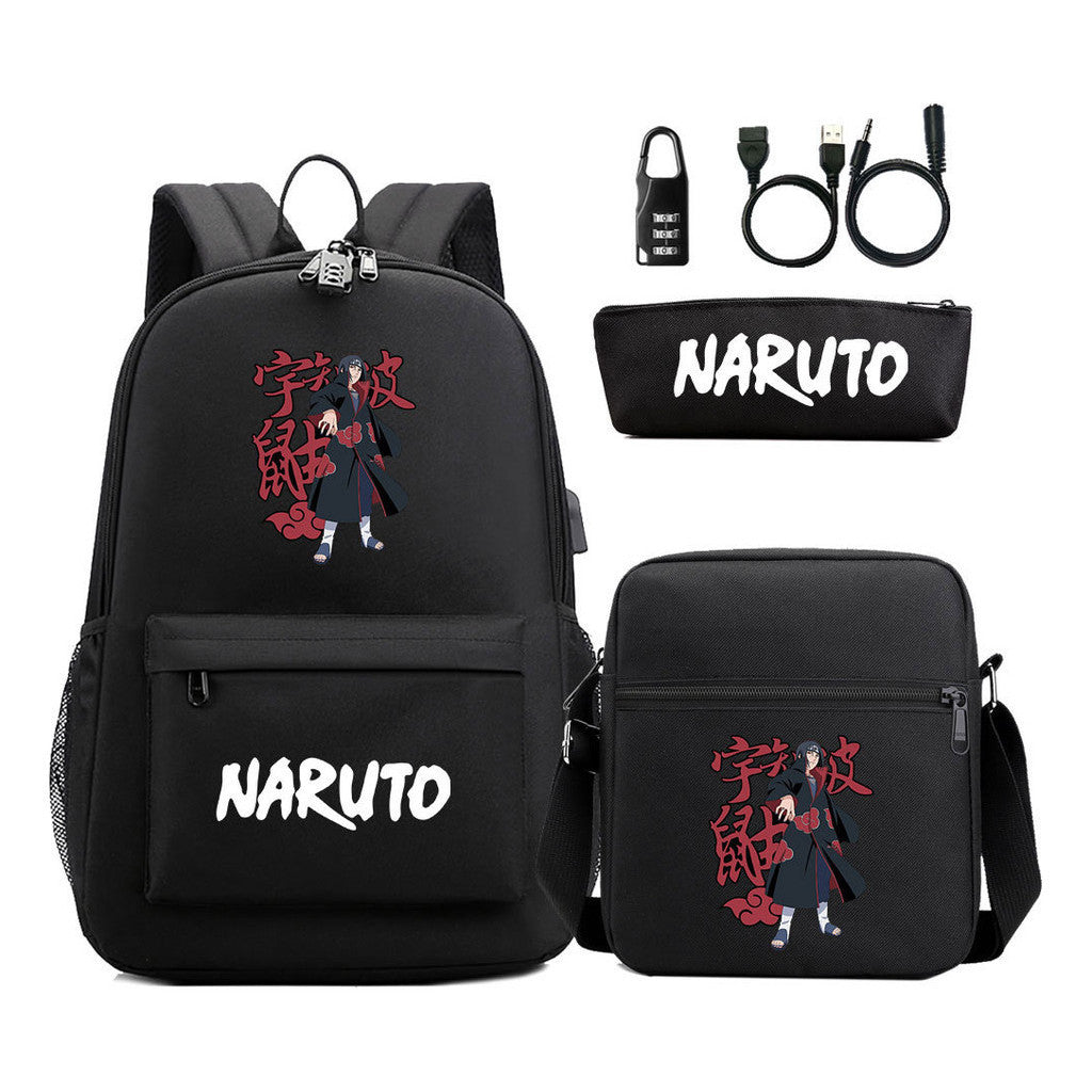 Naruto Usb Password Lock Youth Student Backpack Three Piece Set For Men And Women Backpack Set