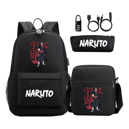 Naruto Usb Password Lock Youth Student Backpack Three Piece Set For Men And Women Backpack Set