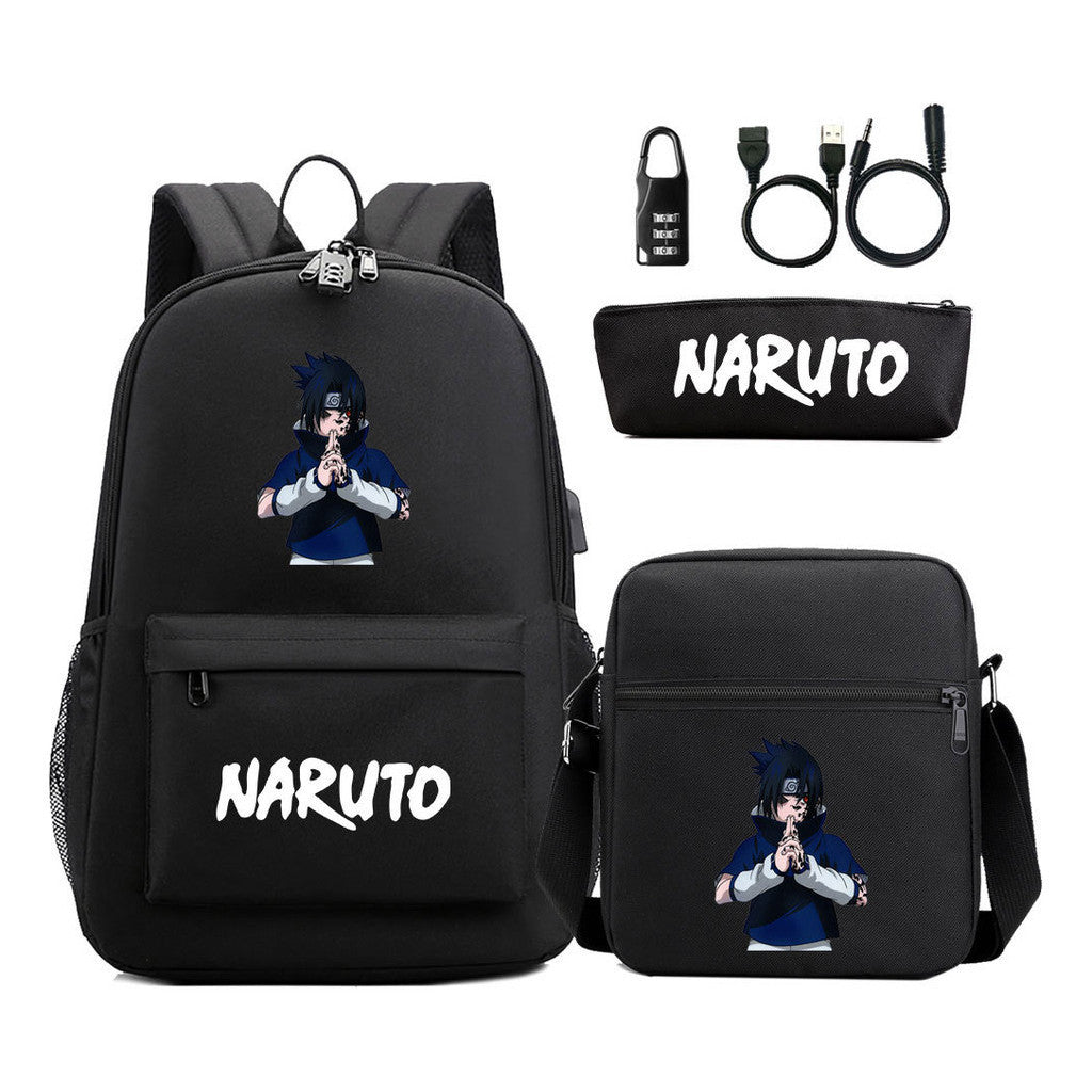 Naruto Usb Password Lock Youth Student Backpack Three Piece Set For Men And Women Backpack Set