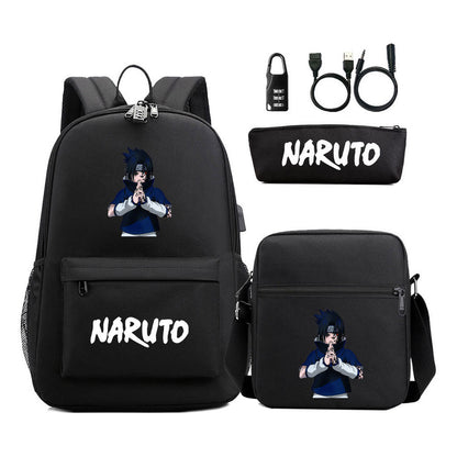Naruto Usb Password Lock Youth Student Backpack Three Piece Set For Men And Women Backpack Set