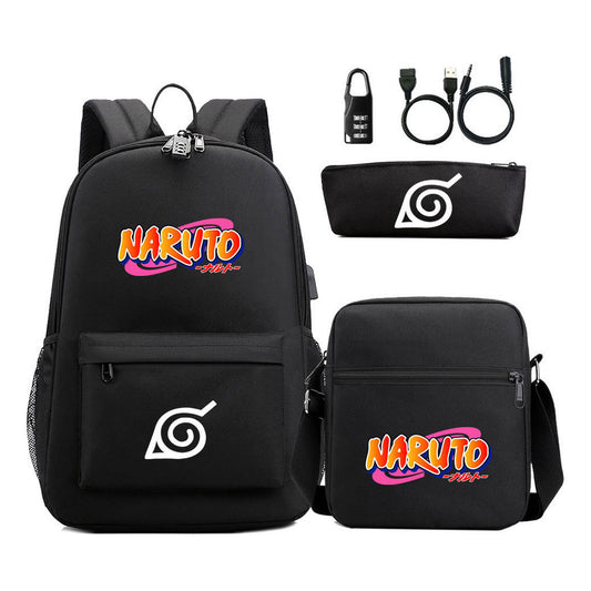 Naruto Usb Password Lock Backpack Three Piece Set For Men And Women Backpack Set