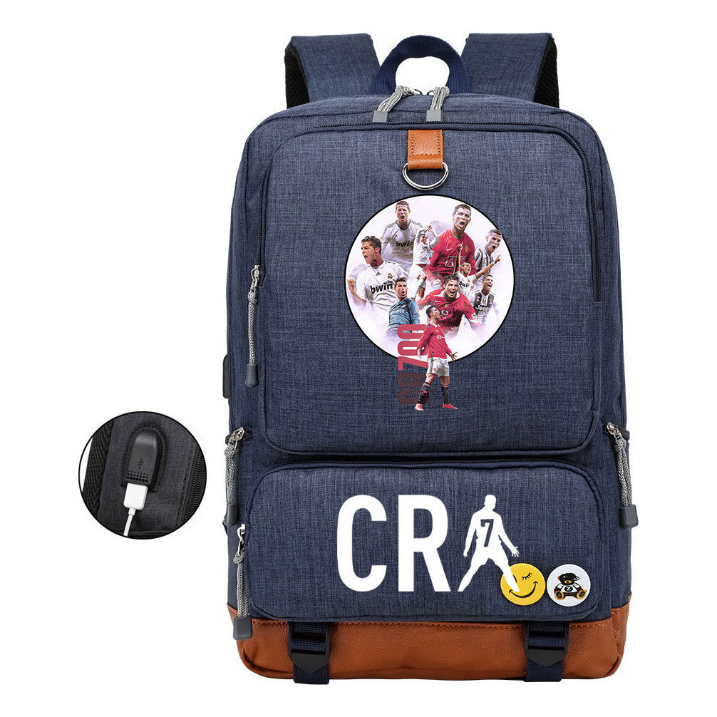 Football Star Cristiano Ronaldo Printed Usb Youth Primary And Secondary School Backpack For Boy And Girl's Leisure Travel Backpack