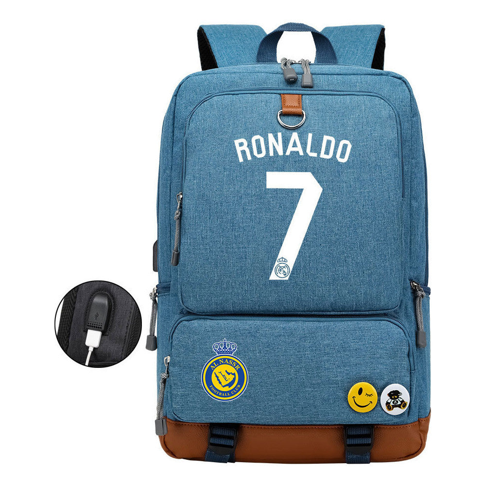 Football Star Cristiano Ronaldo Printed Usb Student Backpack Leisure Travel Backpack