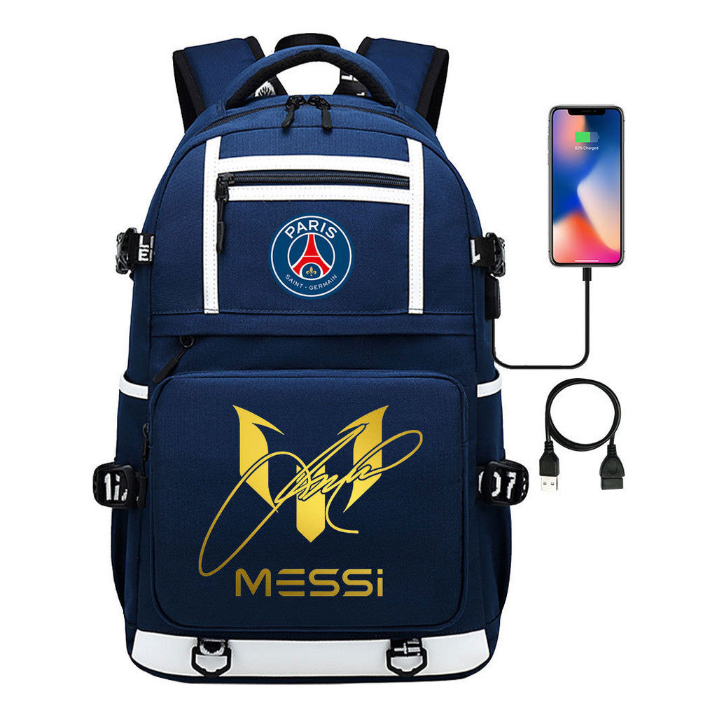 Gold Sports Football Star Printed Usb Youth School Bag Backpack Leisure Travel Backpack