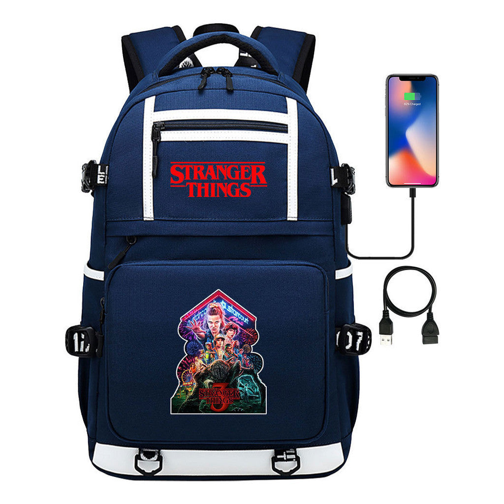 Strange Story Printed Usb Youth Student Backpack For Men And Women's Leisure Travel Backpack