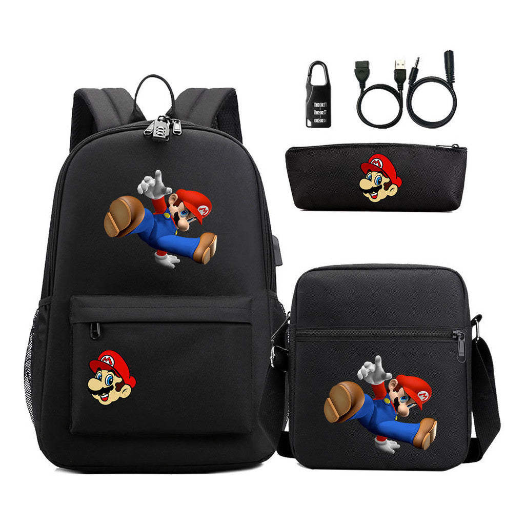 Super Mario Usb Password Lock Youth Student Backpack 3-piece Set For Men And Women Backpacks