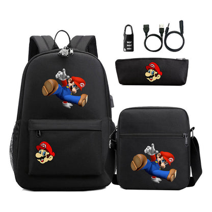 Super Mario Usb Password Lock Youth Student Backpack 3-piece Set For Men And Women Backpacks