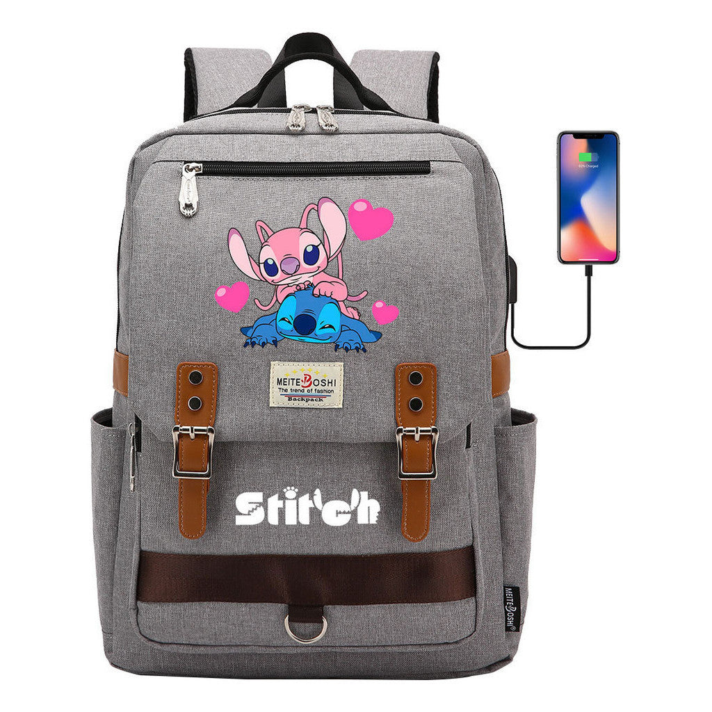 Anime Star Baby Stitch Printed Student Backpack For Men And Women With Casual Magnetic Buckle Backpack