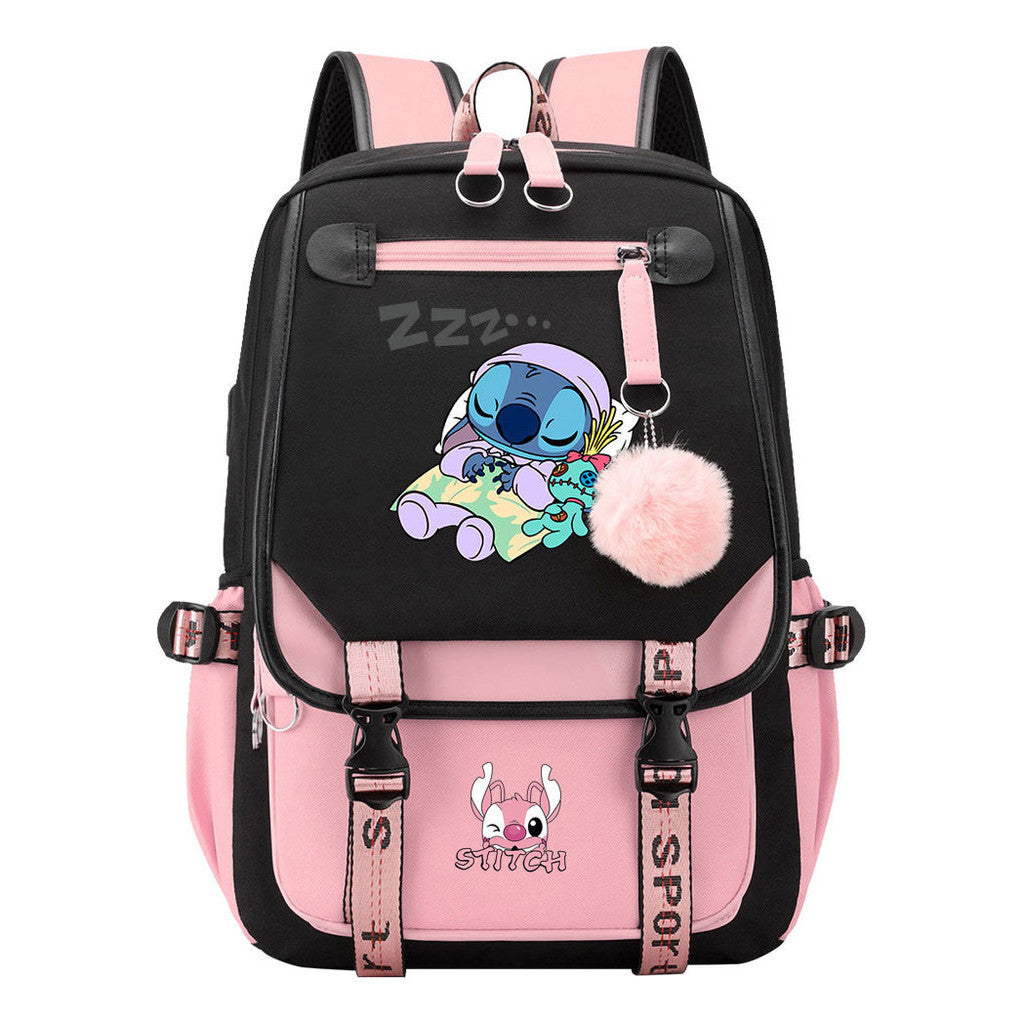 Interstellar Baby Stitch Usb Backpack For Men And Women, Casual Woven Strap Flip Back Backpack