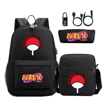Naruto Usb Password Lock Youth Student Backpack Three Piece Set For Men And Women Backpacks