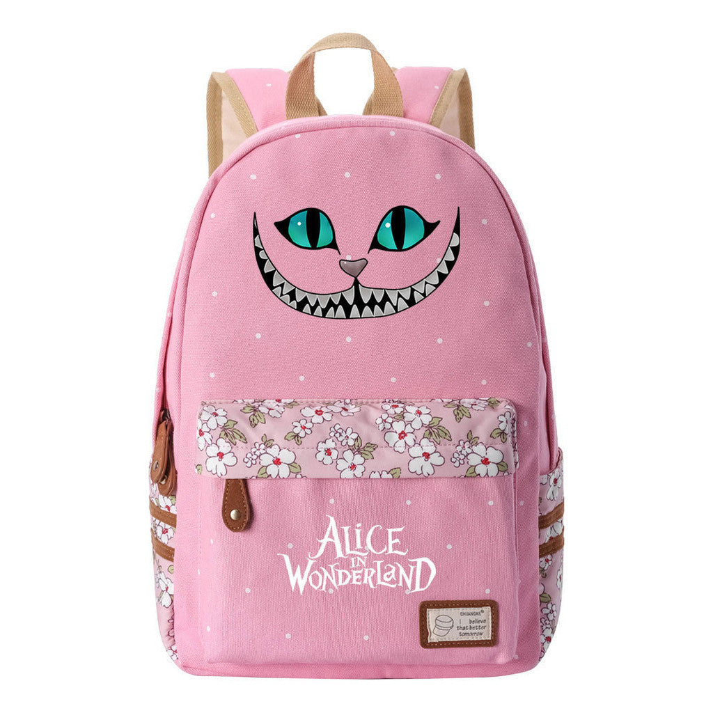 Anime Cartoon Cheshire Cat Print Student Backpack, Floral Casual Backpack