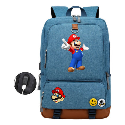 Super Mario Printed Usb Youth Student Backpack For Leisure Travel Backpack
