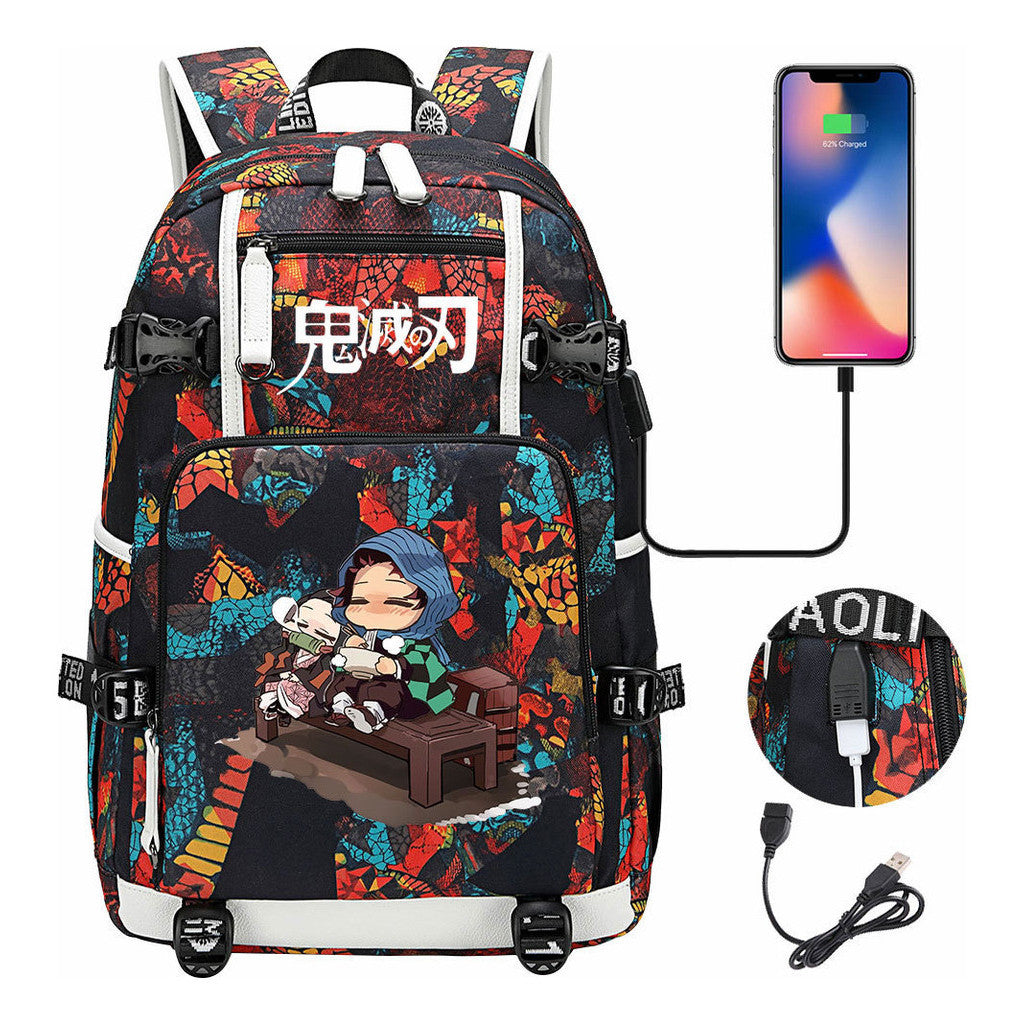 Cartoon Printed Usb Large Capacity Youth Student Backpack For Men And Women's Leisure Travel Backpack