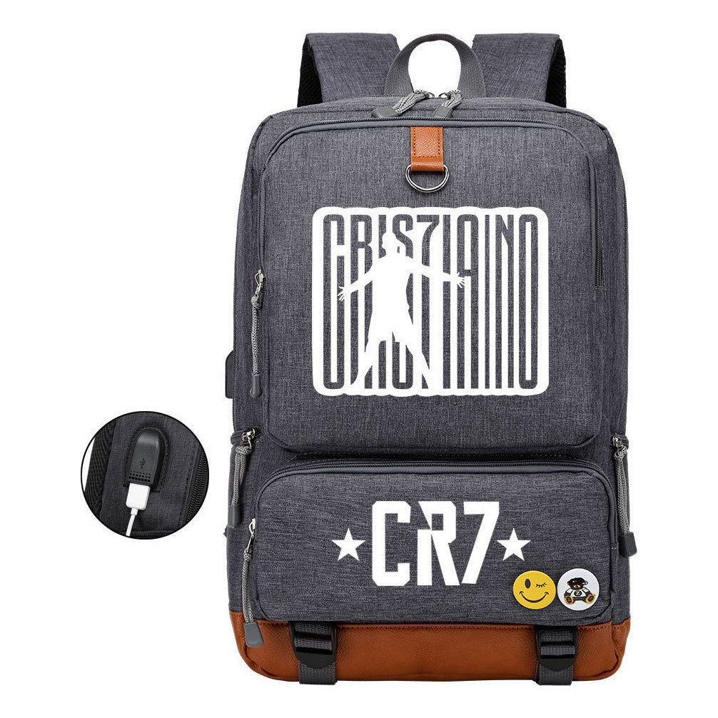 Football Star Cristiano Ronaldo Printed Usb Student Backpack For Boys And Girls Leisure Travel Backpack