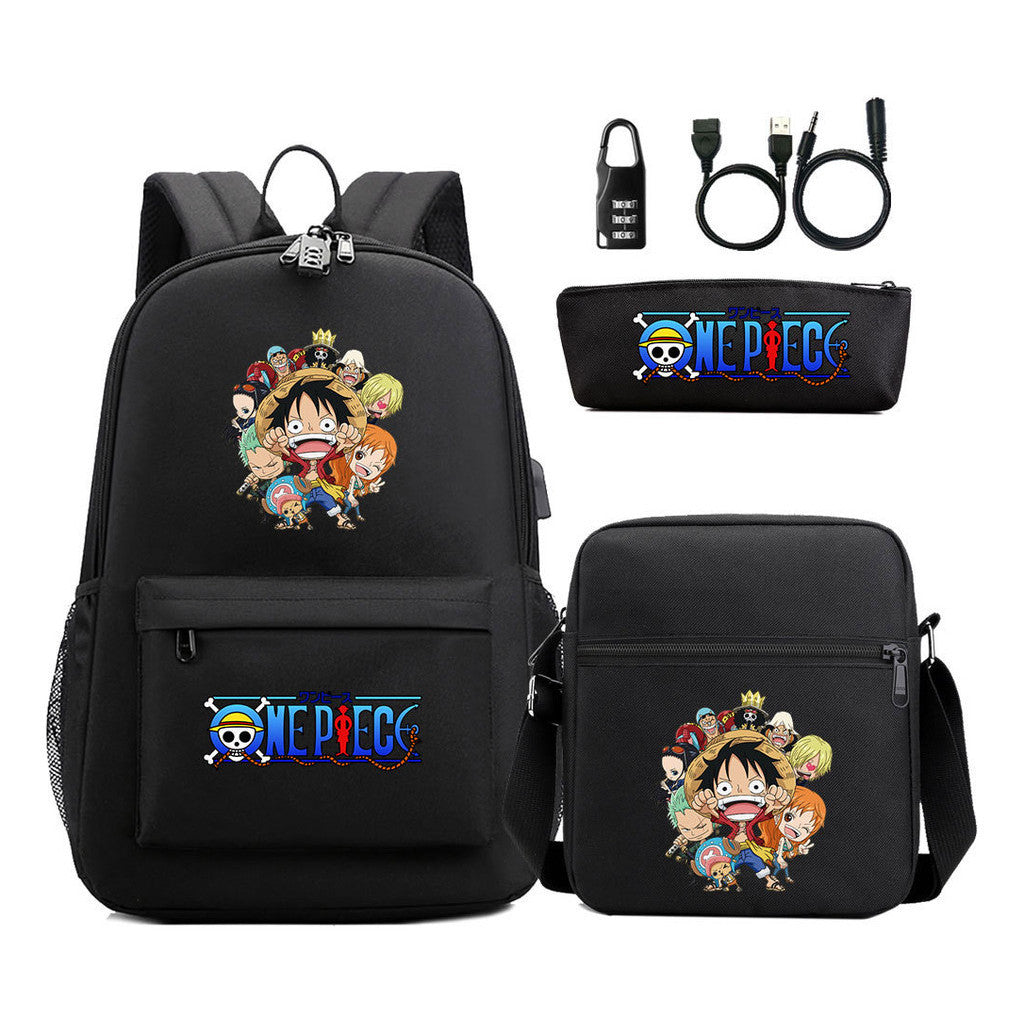Cartoon Pirate King Usb Password Lock Youth Student Backpack Three Piece Set Backpack