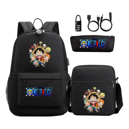 Cartoon Pirate King Usb Password Lock Youth Student Backpack Three Piece Set Backpack