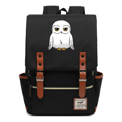 Cartoon White Owl Youth Student Backpack For Men And Women With Casual Belt Buckle Backpack