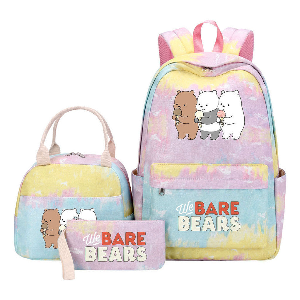 Cartoon Cute Three Bears Youth Student Girls School Bag Lunch Bag Three Piece Set Backpack Set