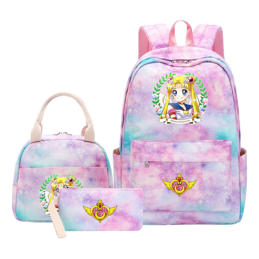 Anime Beauty Girl Warrior Student Girls School Bag Lunch Bag Three Piece Set Backpack Set