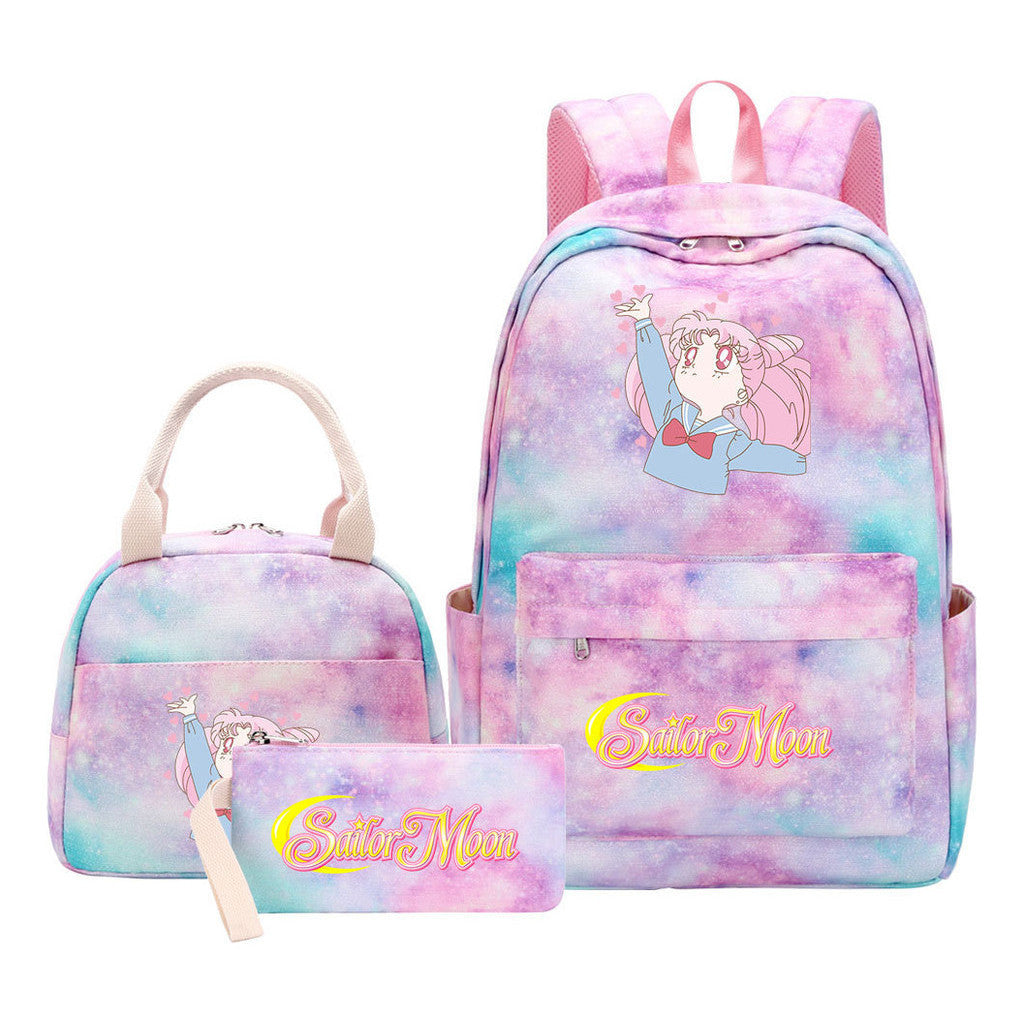 Beautiful Girl Warrior Student Schoolbag Lunch Bag Three Piece Set Backpack Cover