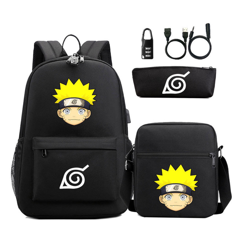 Naruto Usb Password Lock Backpack Three Piece Set For Men And Women Backpack Set