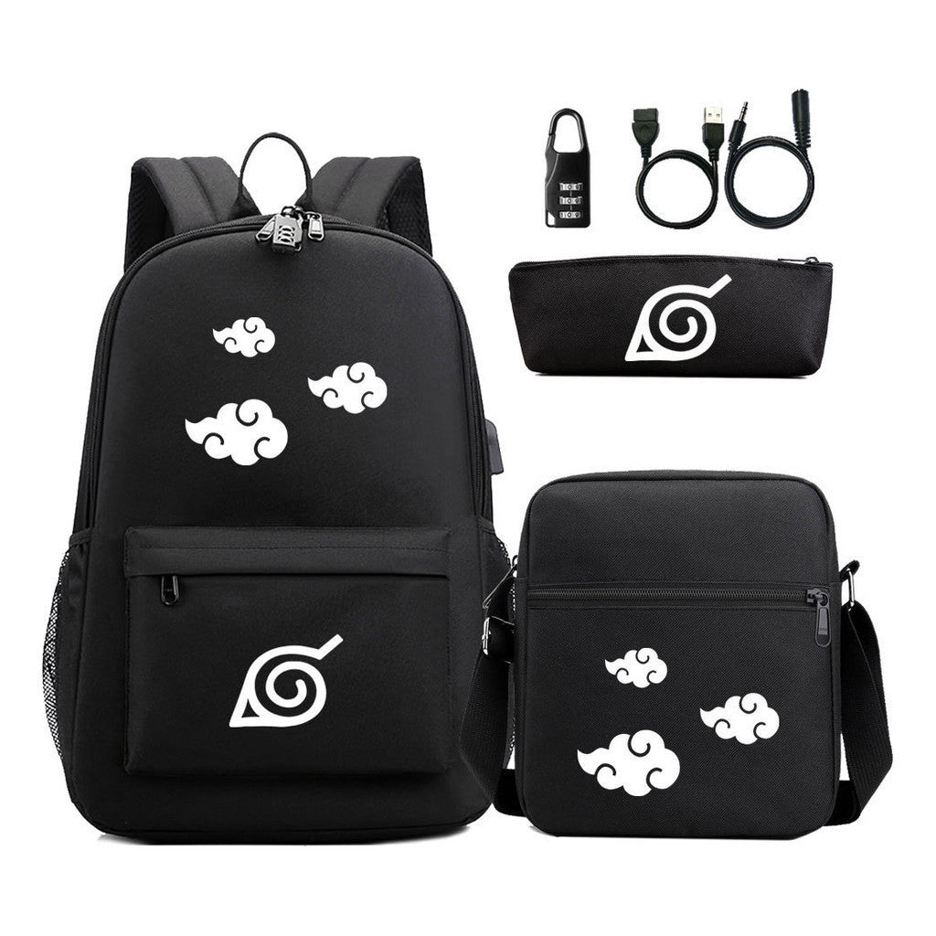 Fashionable Naruto Usb Password Lock Youth Student School Bag Three Piece Backpack Set