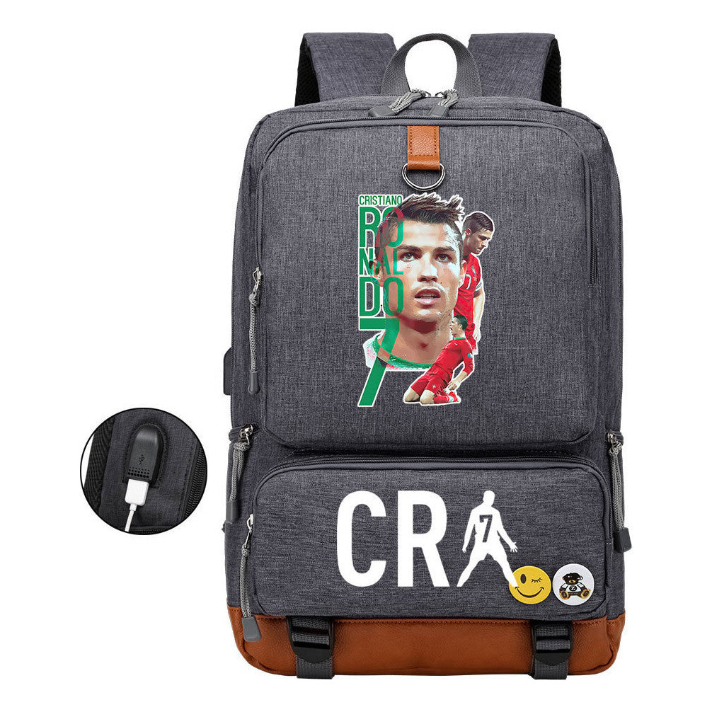 Football Star Cristiano Ronaldo Printed Usb Youth Primary And Secondary School Backpack For Boy And Girl's Leisure Travel Backpack