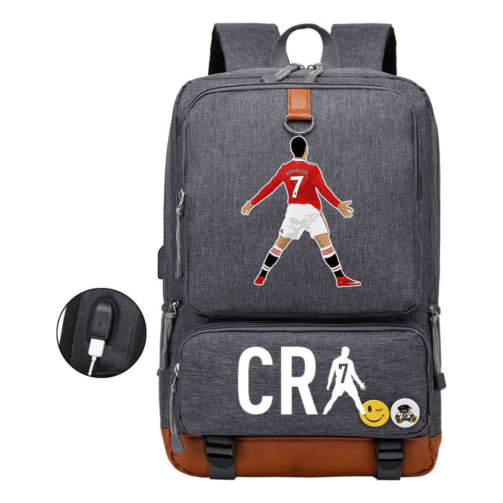 Football Star Cristiano Ronaldo Printed Usb Youth Primary And Secondary School Backpack For Boy And Girl's Leisure Travel Backpack