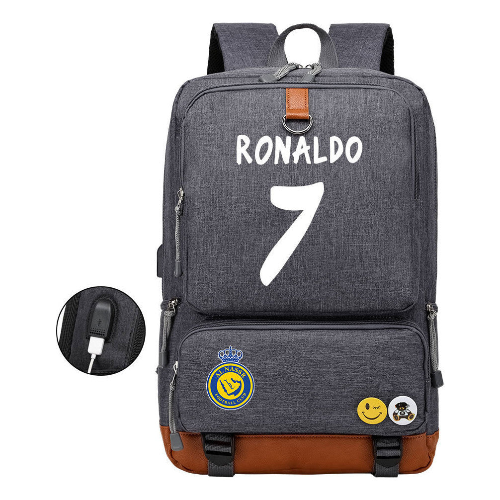Football Star Cristiano Ronaldo Printed Usb Student Backpack Leisure Travel Backpack