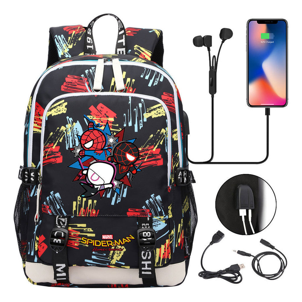Superhero Printed Youth Primary And Secondary School Backpack Usb Men's And Women's Leisure Backpack