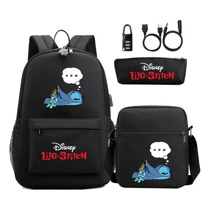 Interstellar Baby Stitch Usb Password Lock Youth Student Backpack 3-piece Set For Men And Women Backpacks