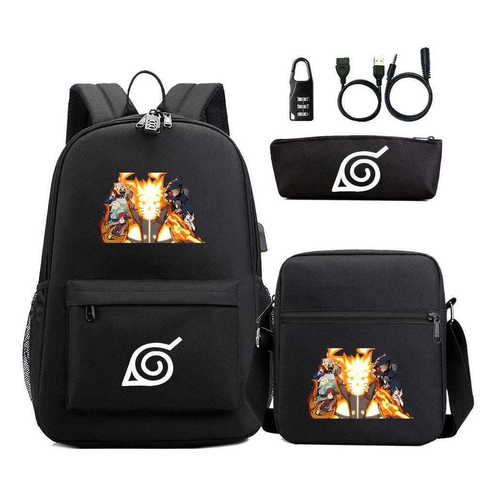 Naruto Usb Password Lock Backpack Three Piece Set For Men And Women Backpack Set
