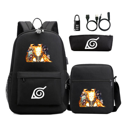 Naruto Usb Password Lock Backpack Three Piece Set For Men And Women Backpack Set
