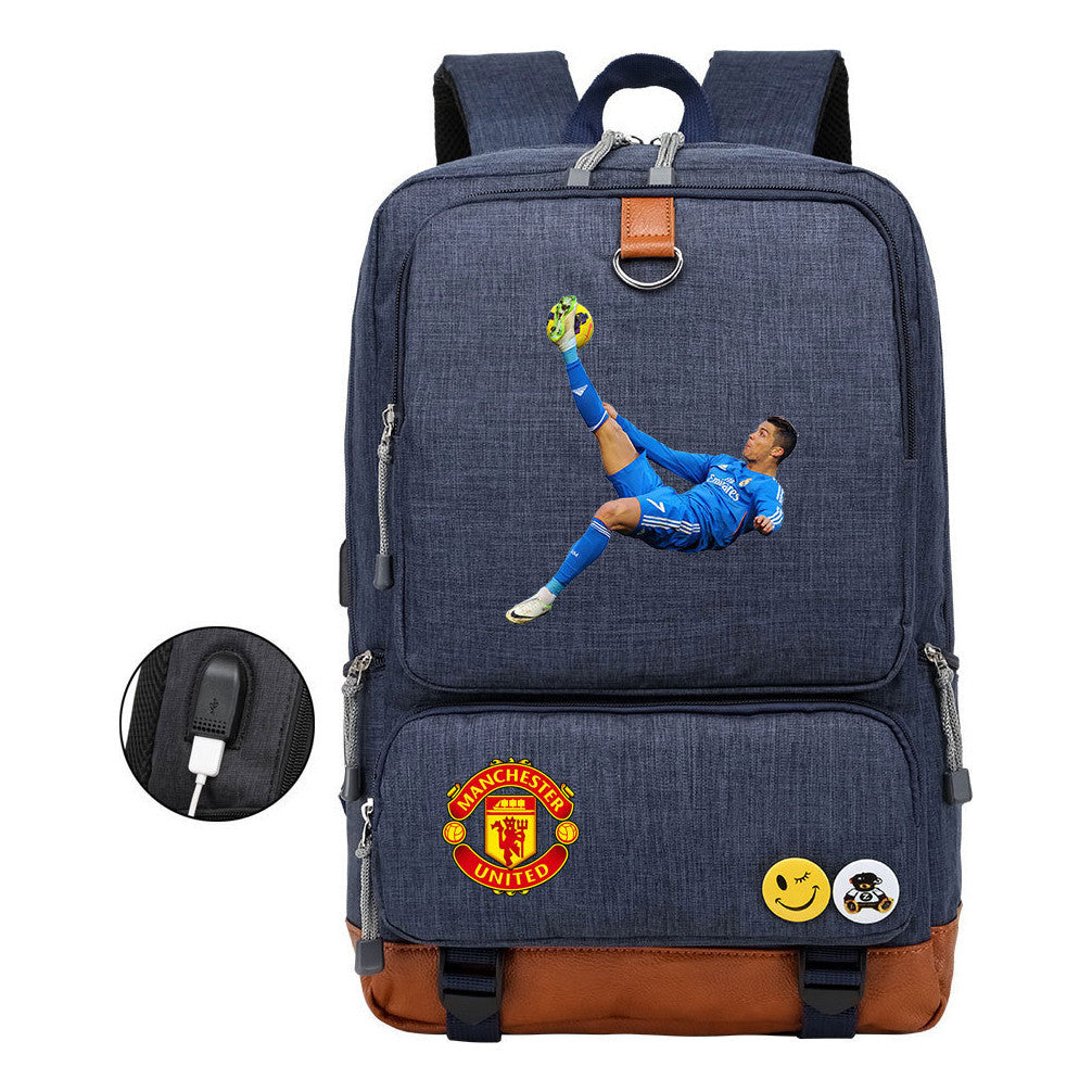 Football Star Cristiano Ronaldo Printed Usb Youth Student Backpack For Boys And Girls Leisure Travel Backpack