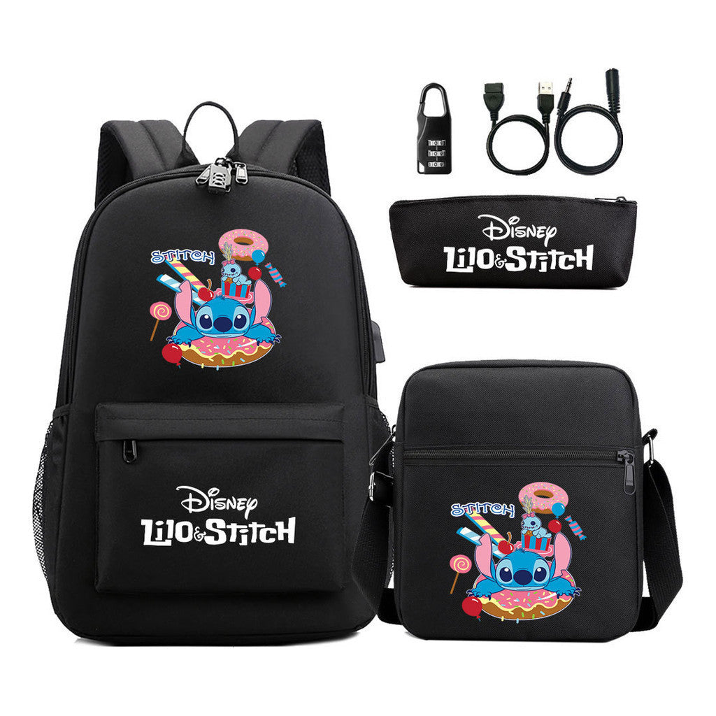 Interstellar Baby Stitch Usb Password Lock Youth Backpack 3-piece Set For Men And Women Backpacks