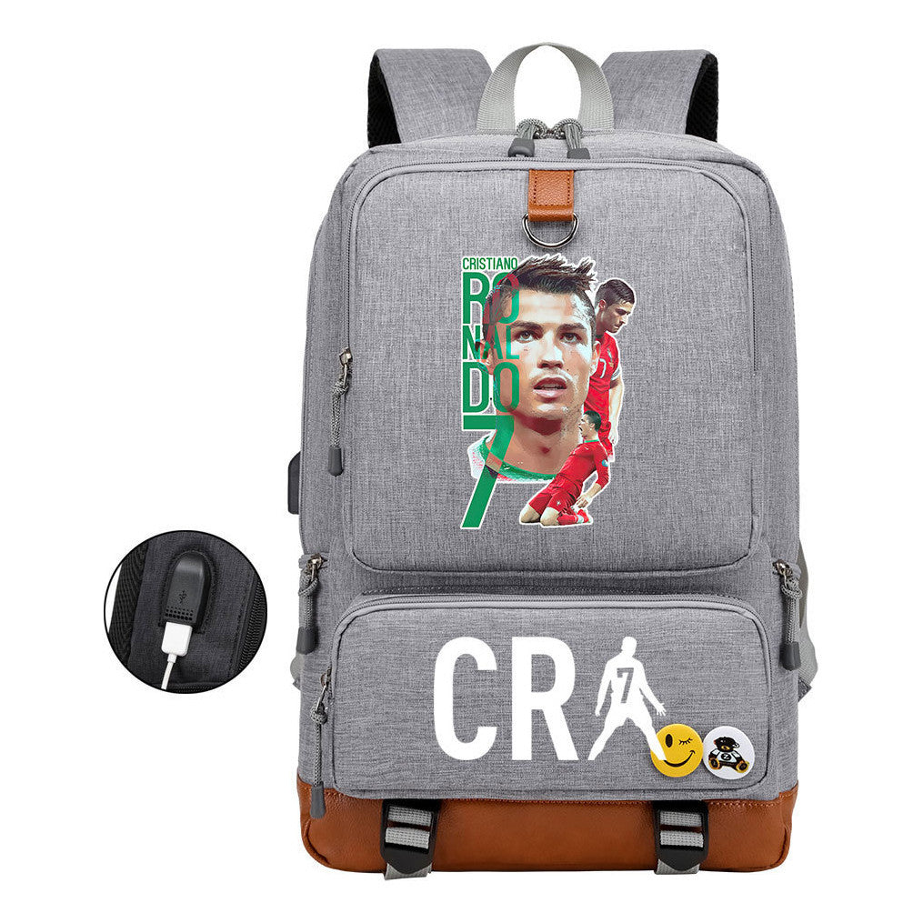 Football Star Cristiano Ronaldo Printed Usb Youth Primary And Secondary School Backpack For Boy And Girl's Leisure Travel Backpack