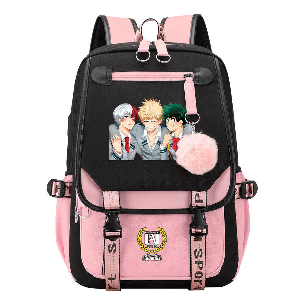 Comics My Heroes Academy Usb Student Backpack Casual Ribbon Flip Backpack