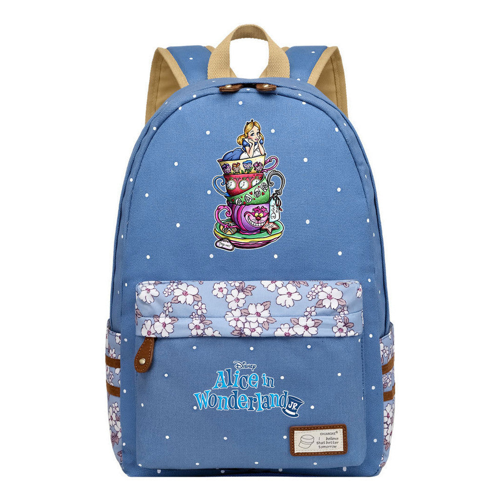 Anime Cartoon Cheshire Cat Print Youth Student Backpack With Floral Casual Backpack