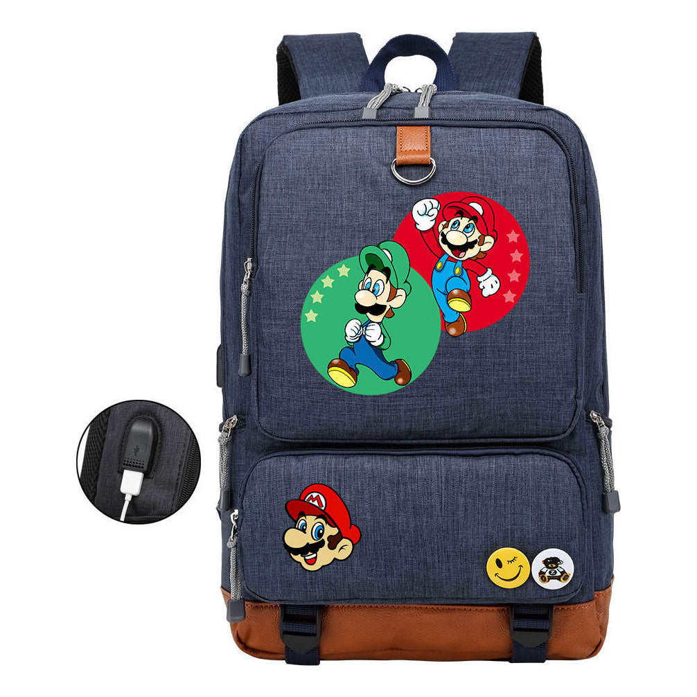 Super Mario Printed Usb Youth Student Backpack For Leisure Travel Backpack