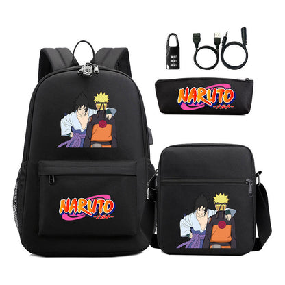 Naruto Usb Password Lock Youth Student Backpack Three Piece Set For Men And Women Backpacks