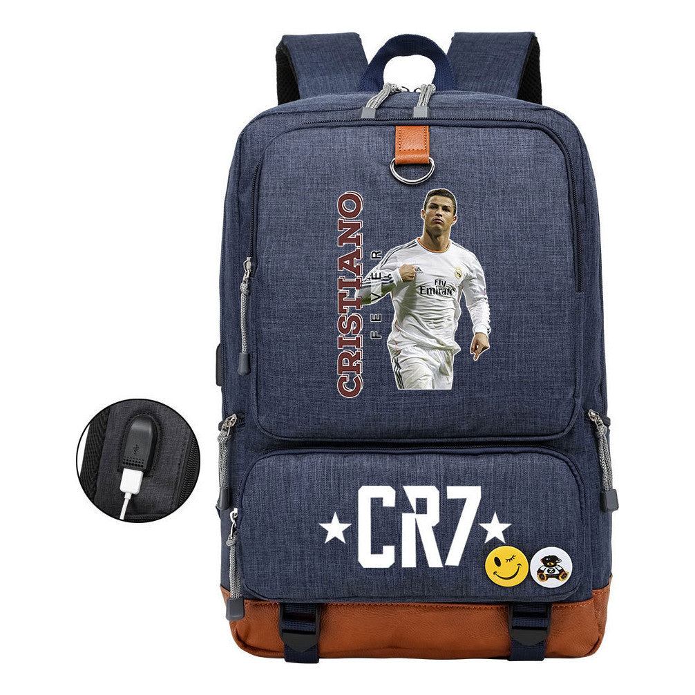 Football Star Cristiano Ronaldo Printed Usb Youth Primary And Secondary School Backpack For Boys And Girls Leisure Travel Backpack