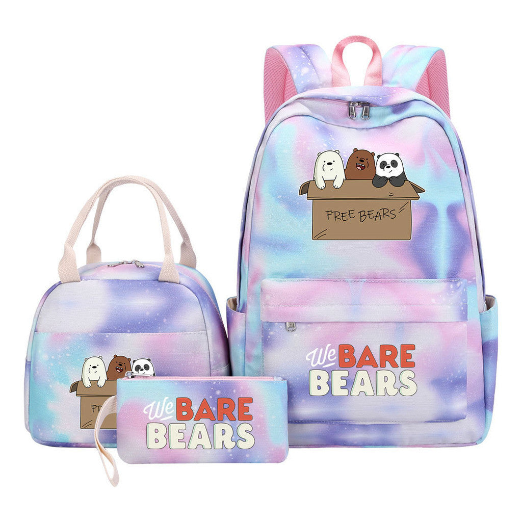 Cartoon Cute Three Bears Youth Student Girls School Bag Lunch Bag Three Piece Set Backpack Set
