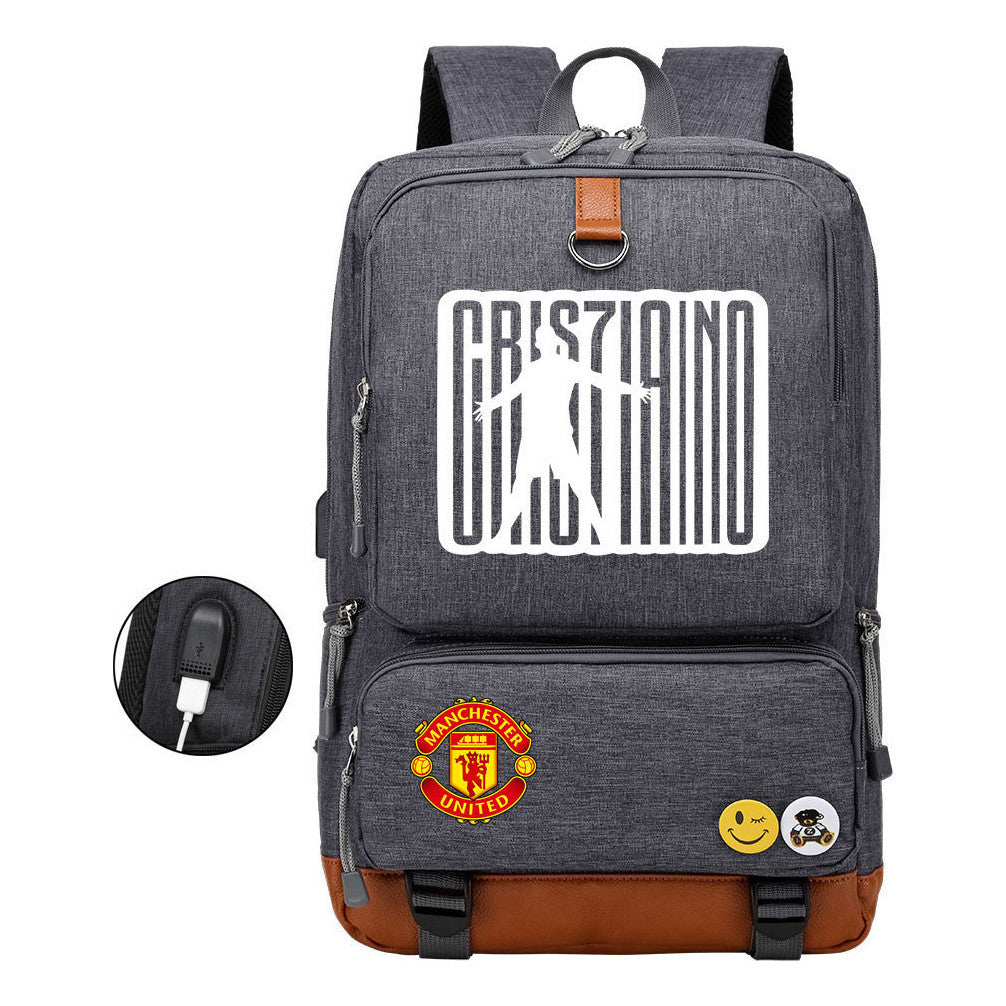 Football Star Cristiano Ronaldo Printed Usb Student Backpack For Leisure Travel Backpack